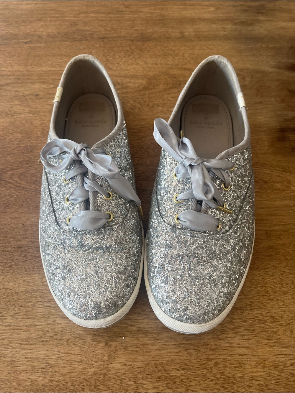 Keds X Kate Spade Silver Sparkle Sneakers Satin Ribbon Laces Wedding Bride 7.5